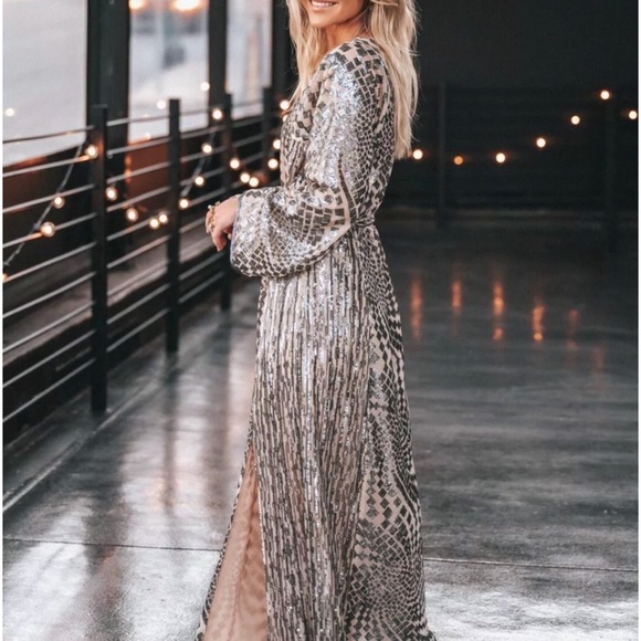 Anna Sui x BHLDN Cyrene Sm Silver Black Tan Sequin Geometric Kaftan Maxi Kimono - Picture 9 of 16